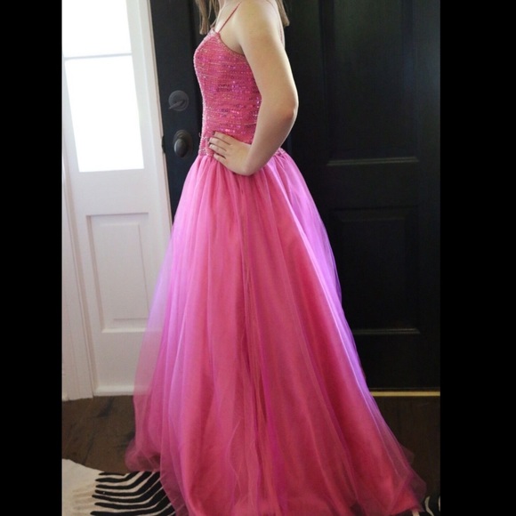 Pink Beaded Bodice Tulle Princess Prom Gown Size 4 - Picture 4 of 5